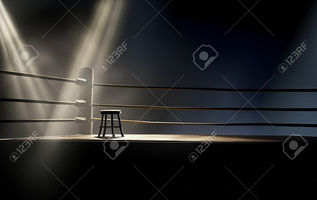 Uma visão dramática do canto de um antigo anel de boxe vintage com um banco vazio iluminado por um único holofote em um fundo escuro isolado