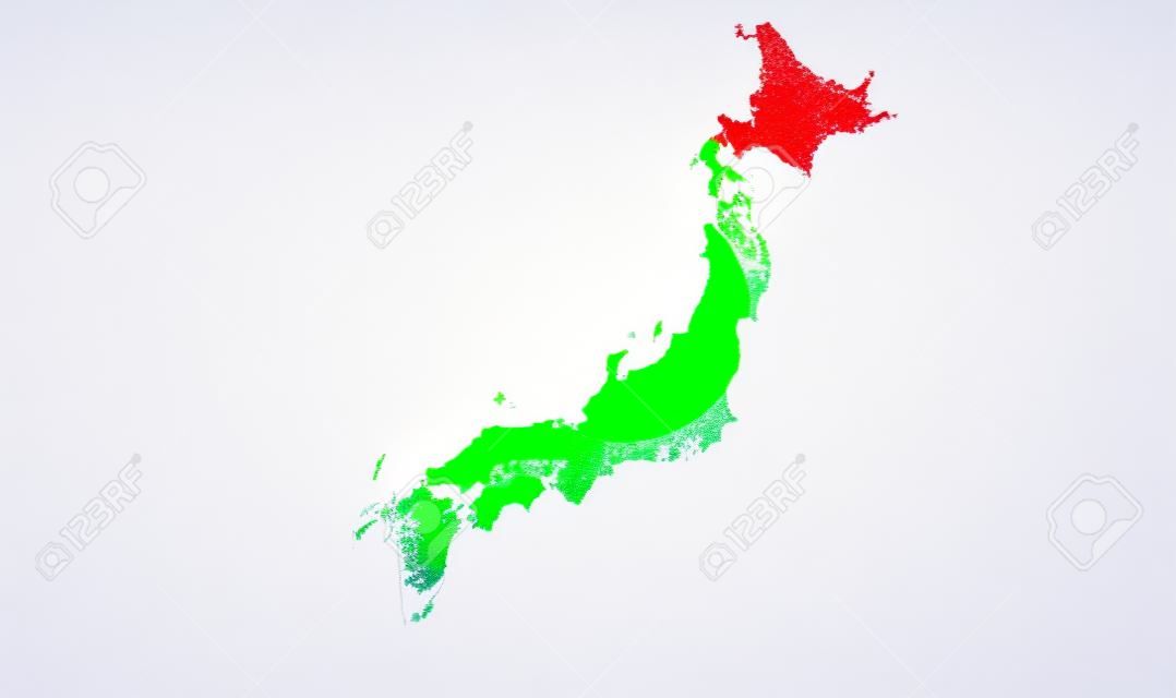 Die Form des Landes von Japan in den Farben der nationalen Flagge, die in einem isolierten weißen Fläche ausgespart