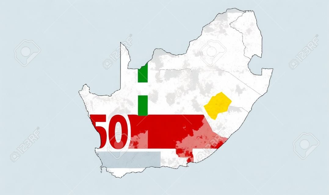 The shape of the country of South Africa in the colours of its rand currency recessed into an isolated white surface