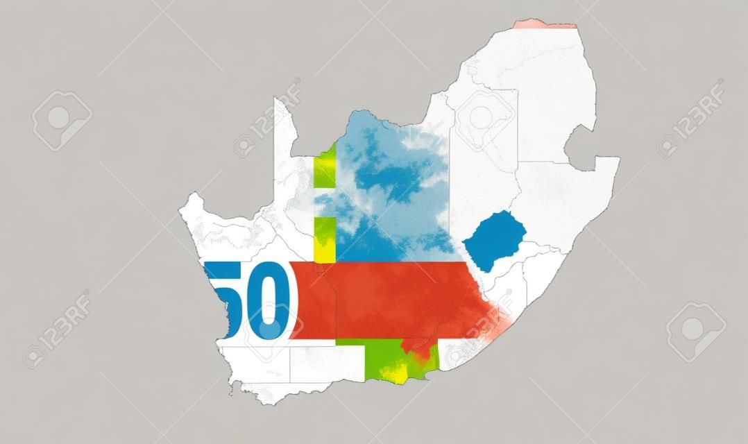 The shape of the country of South Africa in the colours of its rand currency recessed into an isolated white surface