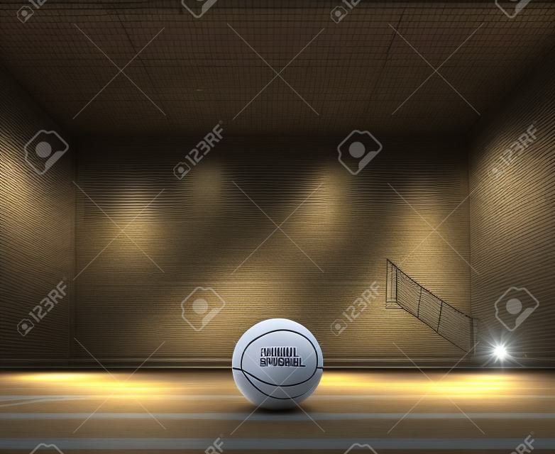 A 3D rendering of an indoor volleyball court and ball on a wooden floor under illuminated floodlights