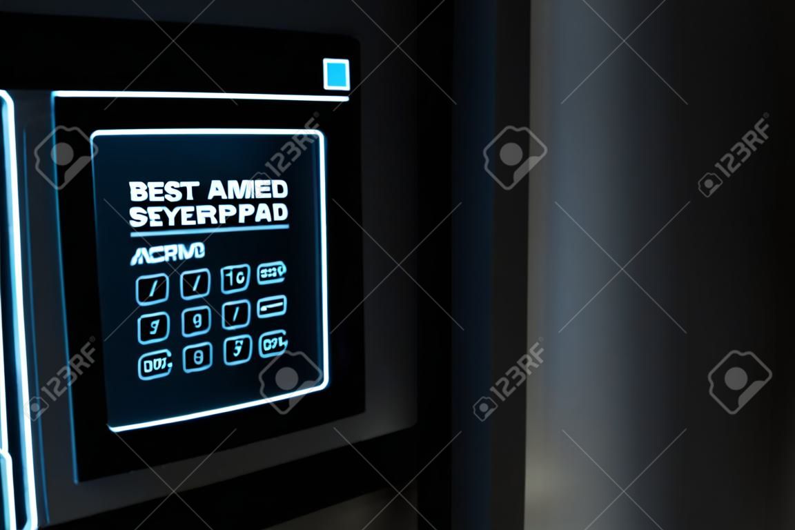 Uma renderização 3D de um painel de acesso de teclado de segurança residencial interativo de tela sensível ao toque moderno com um teclado numérico digital iluminado e palavras que leem o sistema armado
