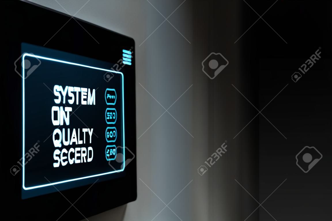 A 3D render of a modern touch screen interactive home security keypad access panel with an illuminated digital numeric keypad and words that read system armed