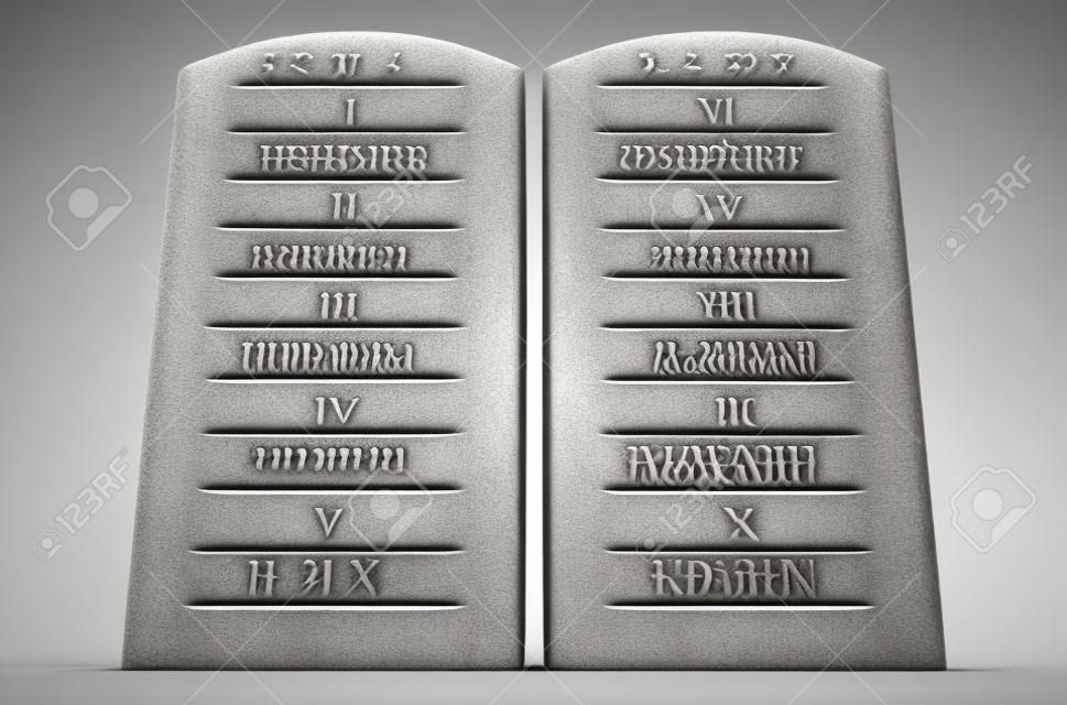 A 3D render of two stone tablets with the ten commandments etched on them on an isolated white background
