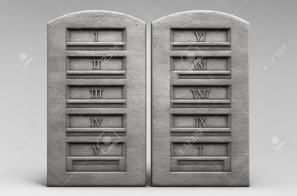 A 3D render of two stone tablets with the ten commandments etched on them on an isolated white background