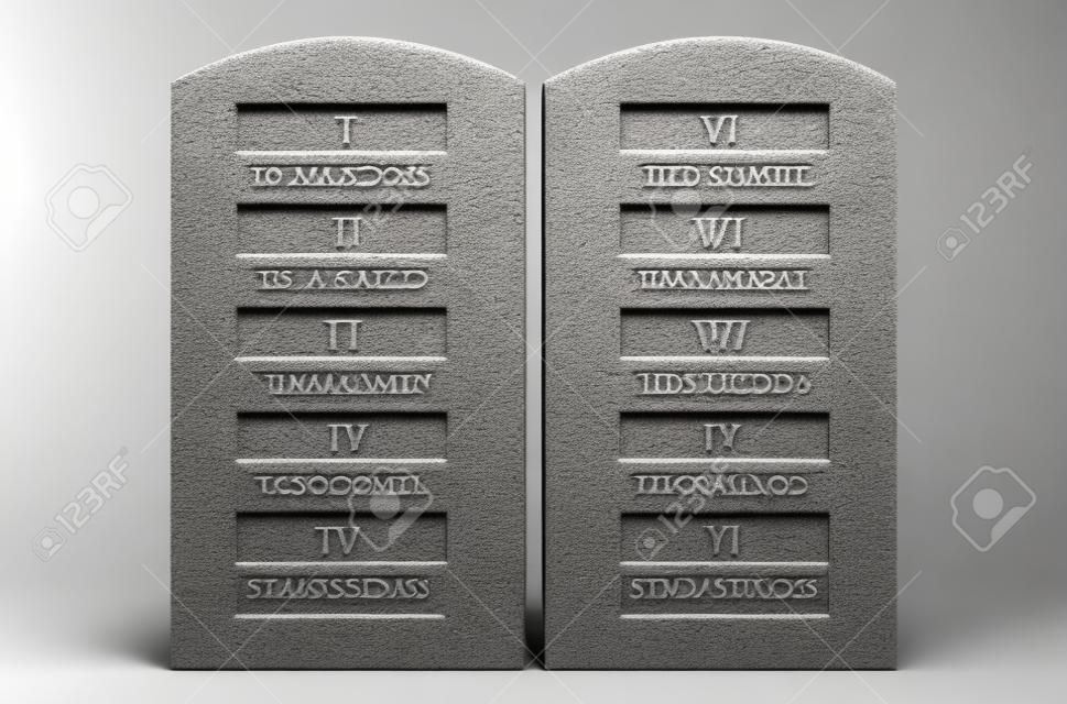Een 3D render van twee stenen tabletten met de tien geboden geëtst op een geïsoleerde witte achtergrond