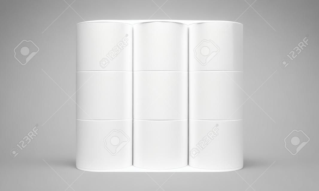 An unbranded plastic shrink wrap packaging holding a pile of white toilet paper rolls - 3D render