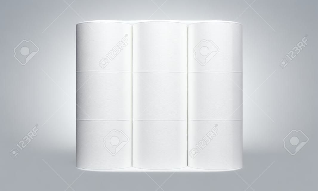 An unbranded plastic shrink wrap packaging holding a pile of white toilet paper rolls - 3D render