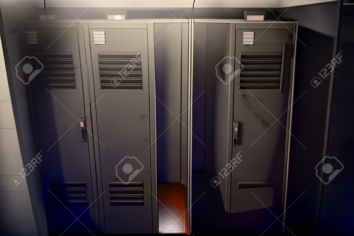 A row of metal gym lockers with one open door revealing tan empty interior - 3D render