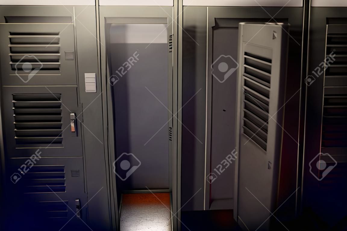 A row of metal gym lockers with one open door revealing tan empty interior - 3D render