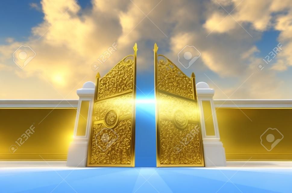 An illustrated depiction of the golden pearly gates of heaven opening on a blue sky background - 3D render