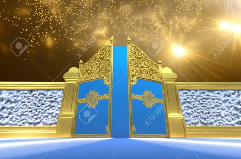 푸른 하늘 배경 - 3D 렌더에서 열리는 천국의 황금 진주 문을 그림으로 표현