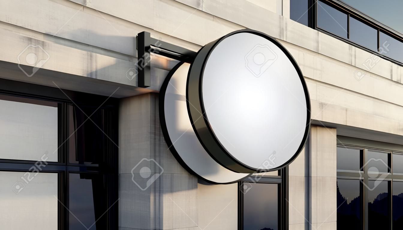 Um sinal de caixa de luz redonda montado fora de uma fachada genérica de loja sem marca na rua alta durante o dia - render 3D