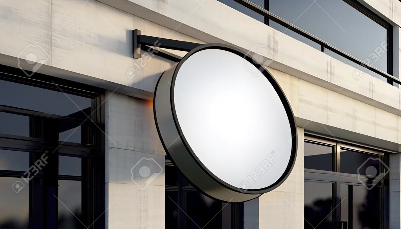 Um sinal de caixa de luz redonda montado fora de uma fachada genérica de loja sem marca na rua alta durante o dia - render 3D