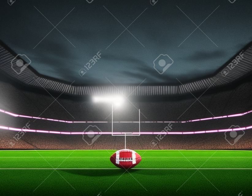 Een Amerikaanse voetbal op de middenlijn in een stadion met palen op een gemarkeerde groene grasveld's nachts onder verlichte schijnwerpers - 3D render