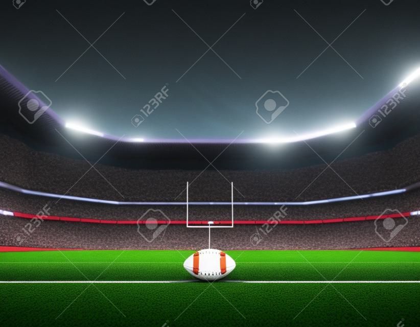 Een Amerikaanse voetbal op de middenlijn in een stadion met palen op een gemarkeerde groene grasveld's nachts onder verlichte schijnwerpers - 3D render