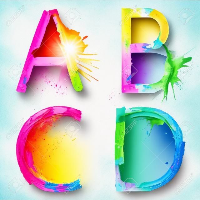 Renkli boya sıçrama alfabe harfleri A, B, C, D