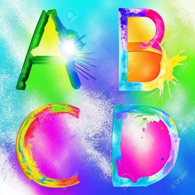 Renkli boya sıçrama alfabe harfleri A, B, C, D
