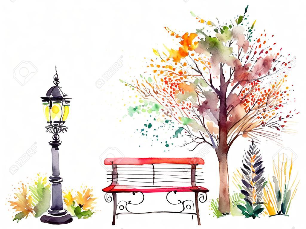 Hand drawn watercolor autumn background with park, outdoor elements, orange,green tree,shrub, bench and lantern, isolated on the white background