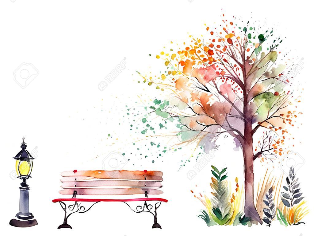 Hand drawn watercolor autumn background with park, outdoor elements, orange,green tree,shrub, bench and lantern, isolated on the white background