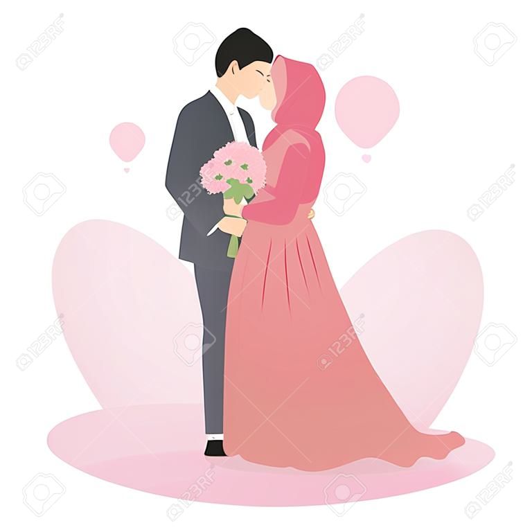 Ilustración de vector de un matrimonio de parejas musulmanas, con un hombre vestido con traje gris y una mujer sosteniendo una flor en la mano con un vestido rosa