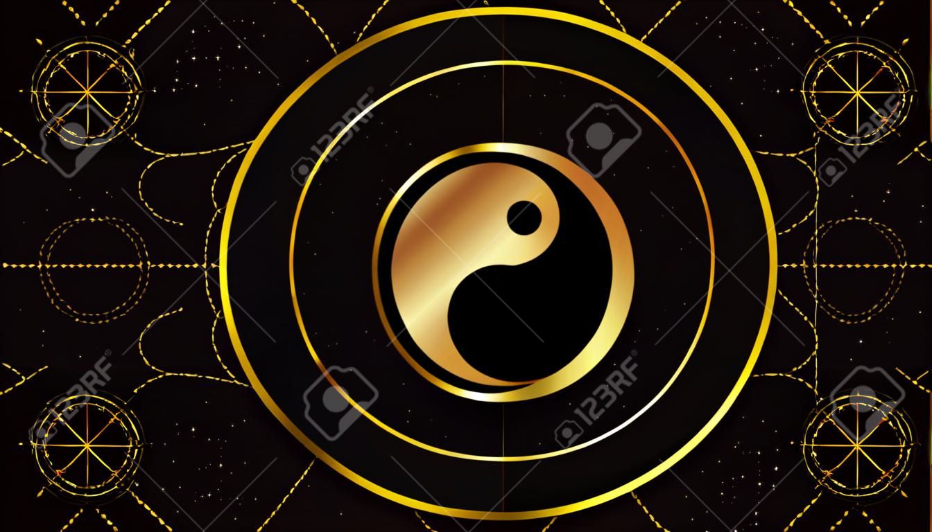 Tao Yin e Yang. Il simbolo cinese dell'unità degli opposti. Segno magico di colore dorato su sfondo nero con ornamento geometrico.