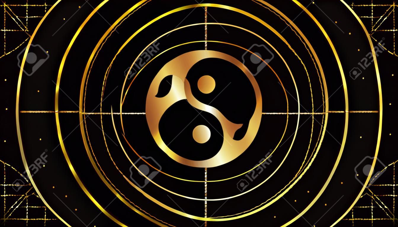 Tao Yin y Yang. El símbolo chino de la unidad de los opuestos. Signo mágico de color dorado sobre fondo negro con adornos geométricos.