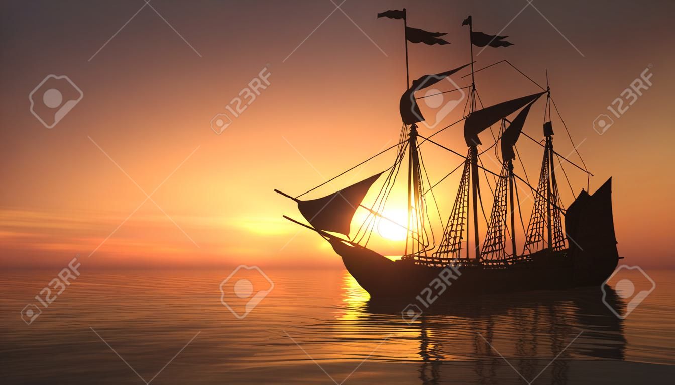 velho, navio, em, mar, pôr do sol