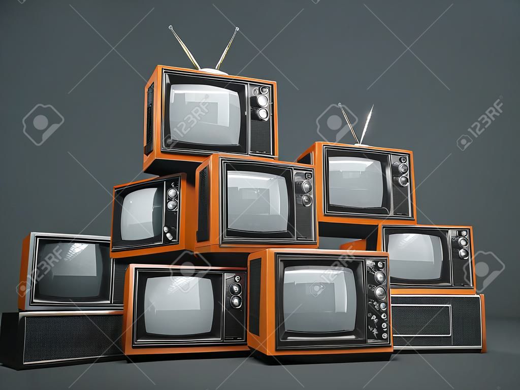 pile de vieilles téléviseurs rétro sur fond sombre . rendu 3d