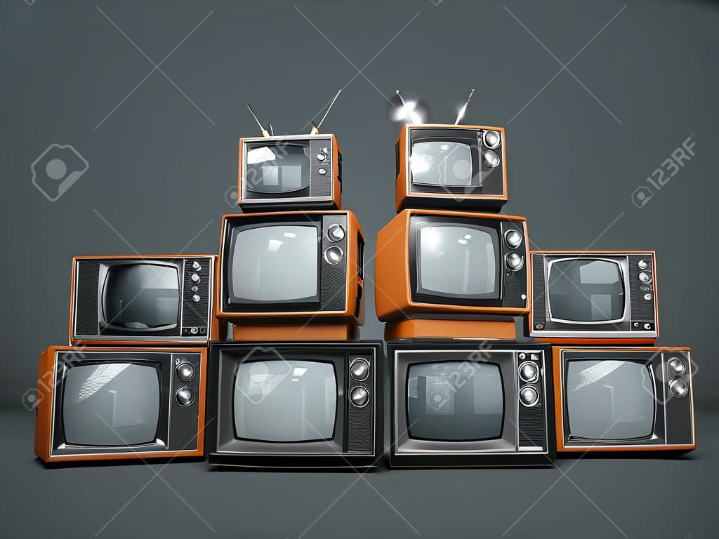 Pile of old retro TVs on dark background. 3D render