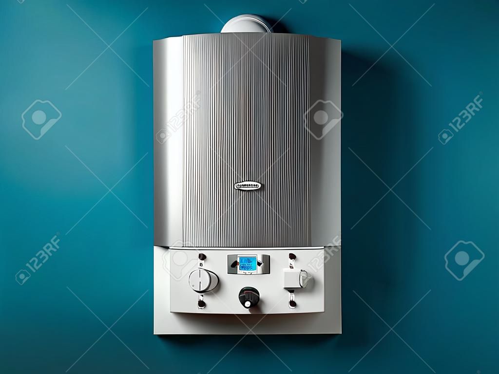 Gas home boiler with electronic control panel on the wall of the house. 3D