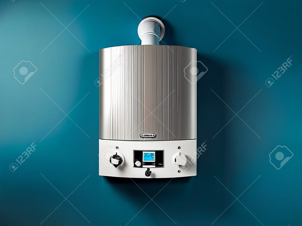 Gas home boiler met elektronisch bedieningspaneel aan de wand van het huis. 3D