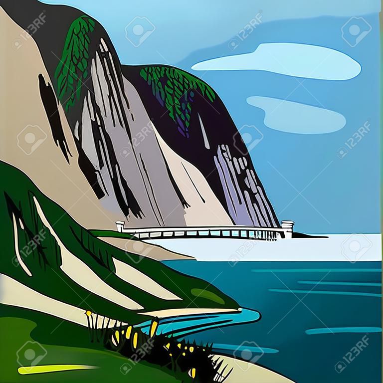 山と海のベクター漫画のイラスト。手描きの風景。