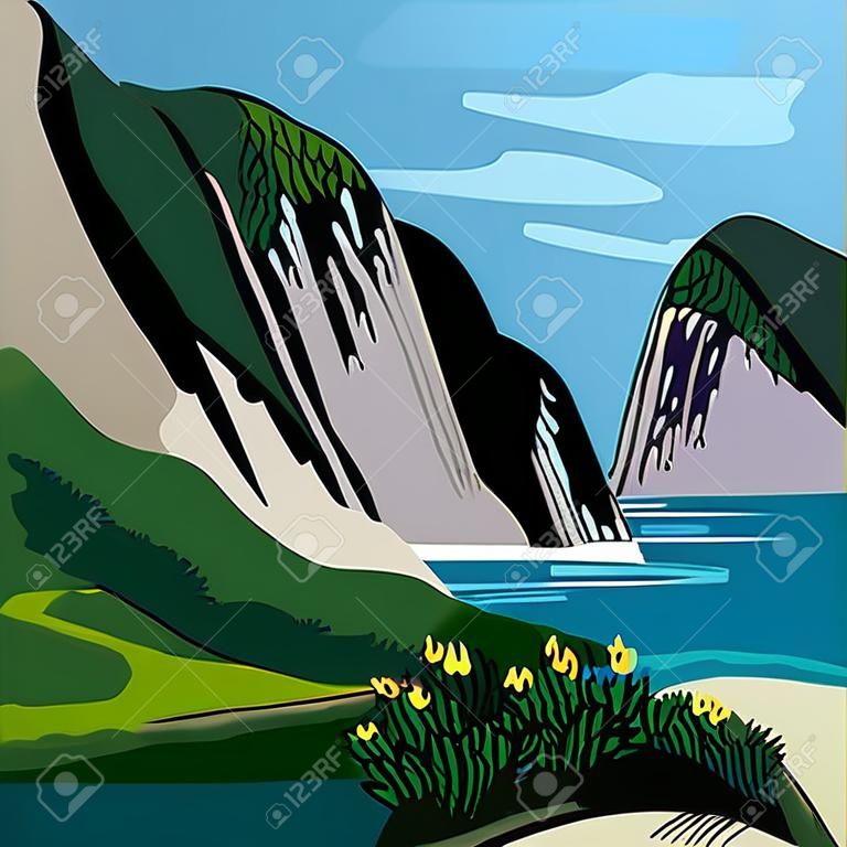 山と海のベクター漫画のイラスト。手描きの風景。