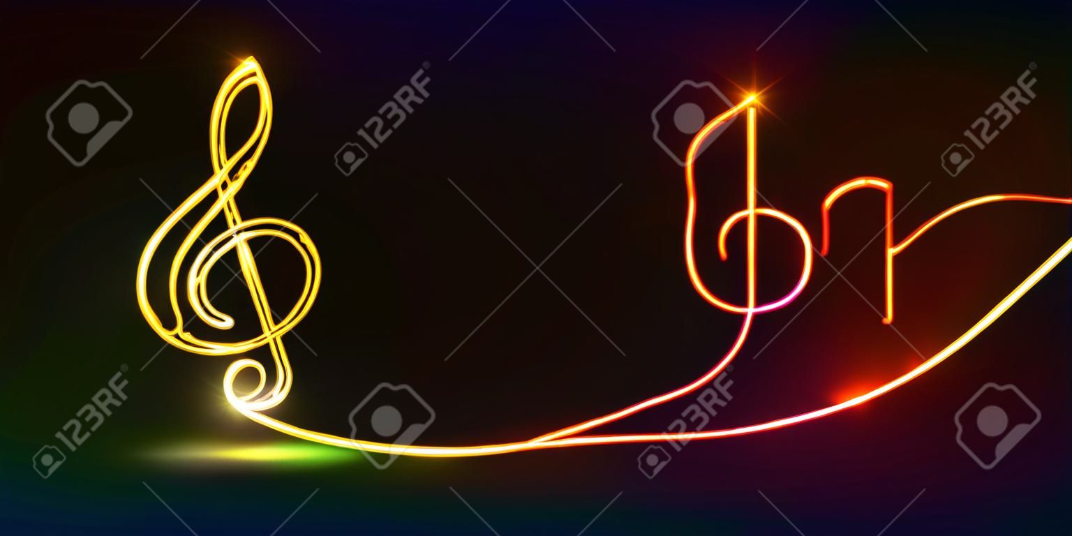 Neon music.Musical notes.Continuous line drawing.Vector illustration.