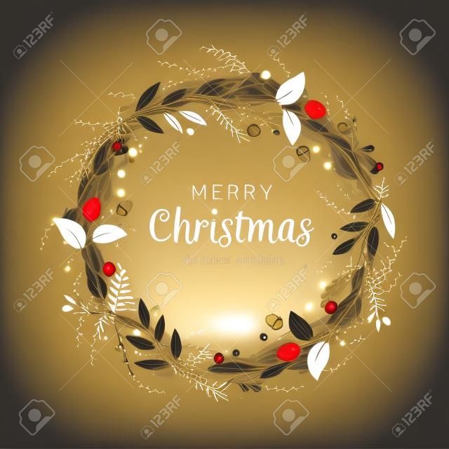 Corona di Natale con rami neri e oro e pigne. Design unico per i tuoi biglietti di auguri, banner, volantini. Illustrazione vettoriale in stile moderno