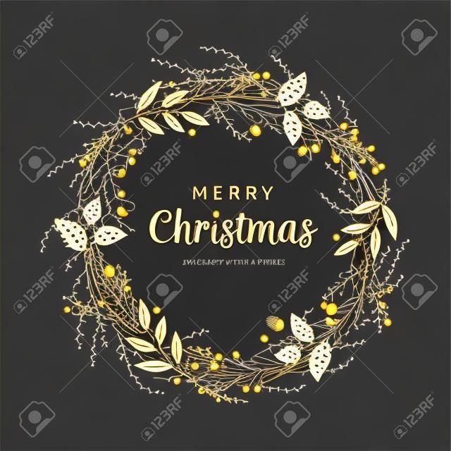 Corona di Natale con rami neri e oro e pigne. Design unico per i tuoi biglietti di auguri, banner, volantini. Illustrazione vettoriale in stile moderno