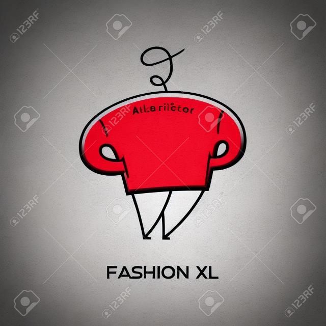 アトリエのロゴ、男性用衣料品店大型サイズ。ファッションデザイナーのためのブランドのベクターテンプレート。スタジオの縫製と仕立てのための要素。赤いパーカーで太った男を抽象化