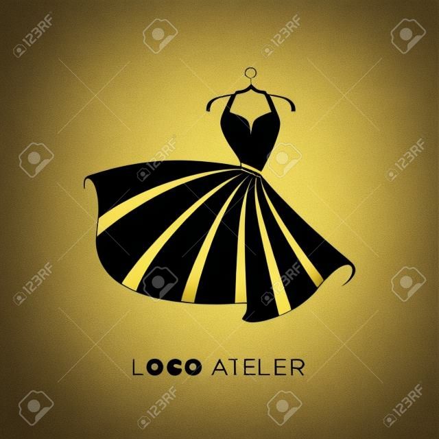 Logo Atelier, sklepu z odzieżą damską. Szablon wektor marki dla projektanta mody. Element do szycia i krawiectwa studyjnego. Czarno-złoty projekt sukni