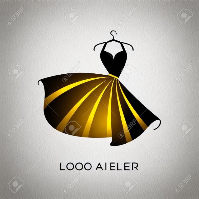 Logotipo para Atelier, tienda de ropa femenina. Plantilla de vector de la marca para el diseñador de moda. Elemento para costura y confección de Studio. Diseño de vestido negro y dorado.