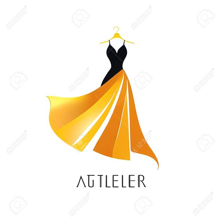 Logo per Atelier, negozio di abbigliamento femminile. Modello di vettore del marchio per lo stilista. Elemento per cucito e sartoria in Studio. Design del vestito nero e oro