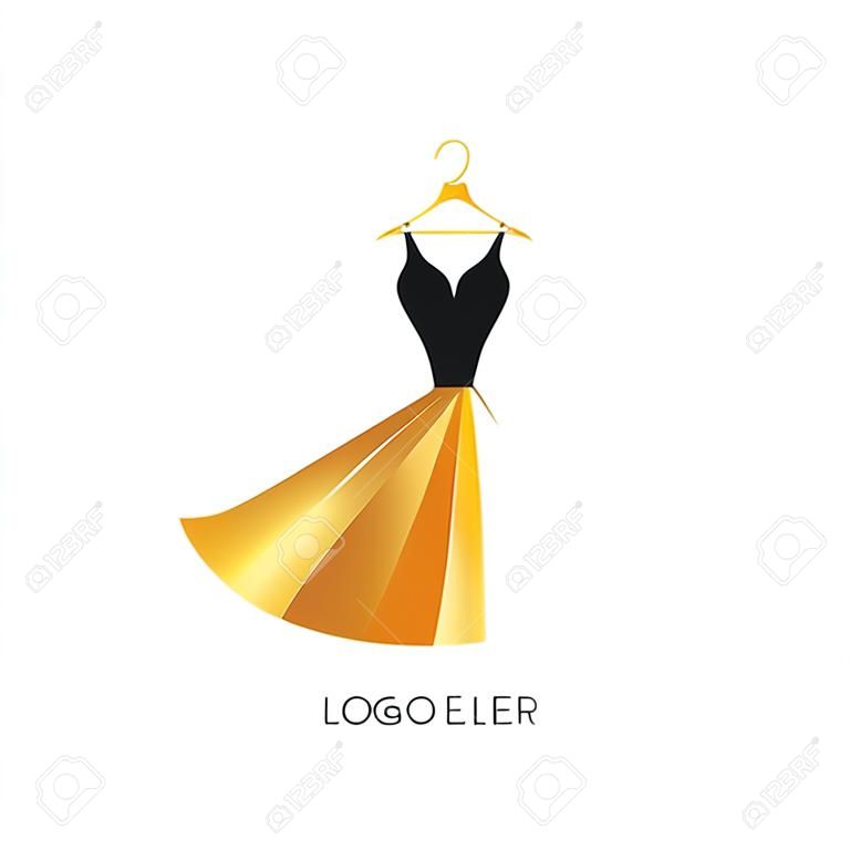Logotipo para Atelier, loja de roupas femininas. Modelo de vetor da marca para o designer de moda. Elemento para costura e alfaiataria de estúdio. Design de vestido preto e dourado