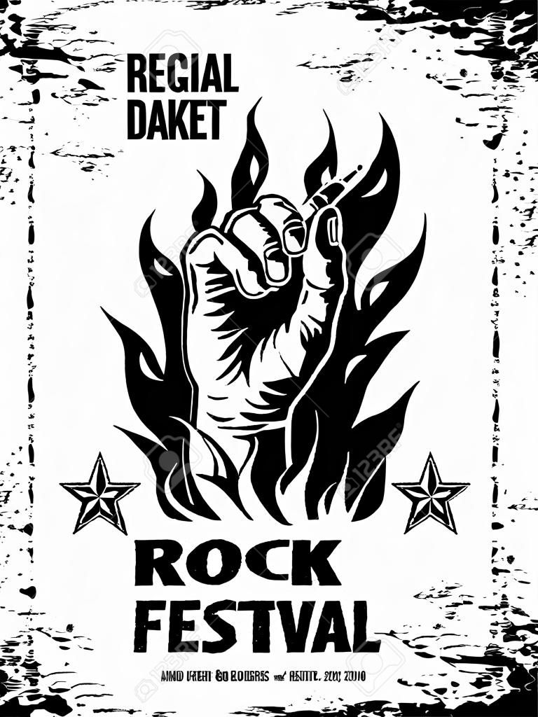 Grunge, rock festiwal plakat, znak z rock n rolki i ognia. Ilustracji wektorowych.
