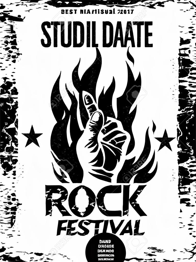 Grunge, cartel del festival de rock, con el rock n roll y signo de fuego. Ilustración del vector.