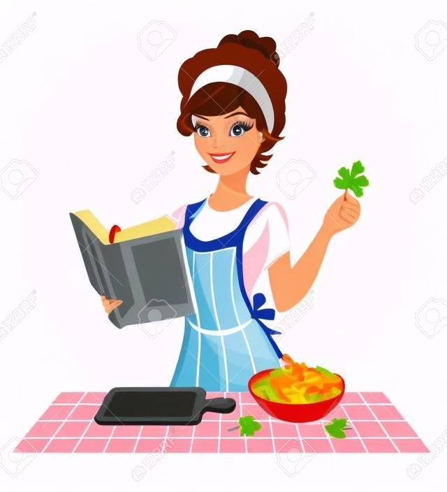 Bella ragazza cuocere il cibo con ricettario. Vettoriale illustrazione, sfondo bianco isolato. Casalinga cottura in kithen. Donna pasto cottura. Donna cuoco.