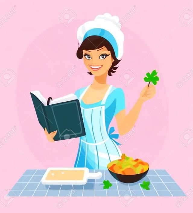Mooi meisje koken eten met kookboek. Vector illustratie, geïsoleerde witte achtergrond. Huisvrouw koken in Kithen. Vrouw koken maaltijd. Vrouw koken.