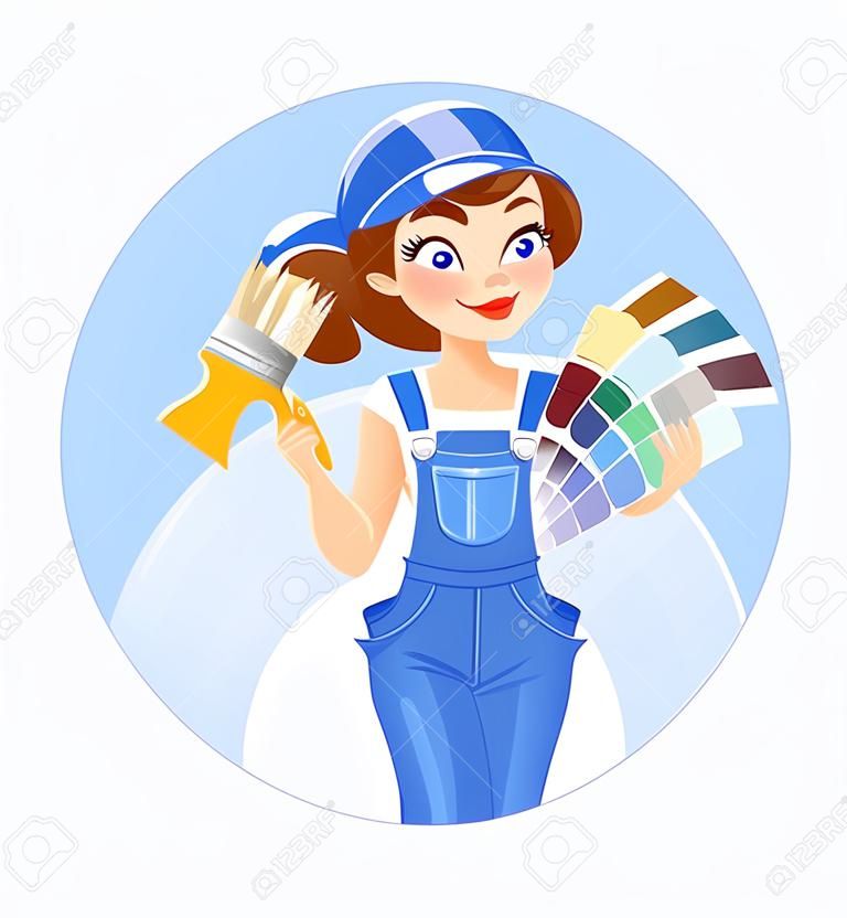 Mooi meisje met verf borstel en kleur stalen. Vector illustratie. Vrouw schilder. Vrouw in overall. Bouwer in uniform. Cartoon karakter.