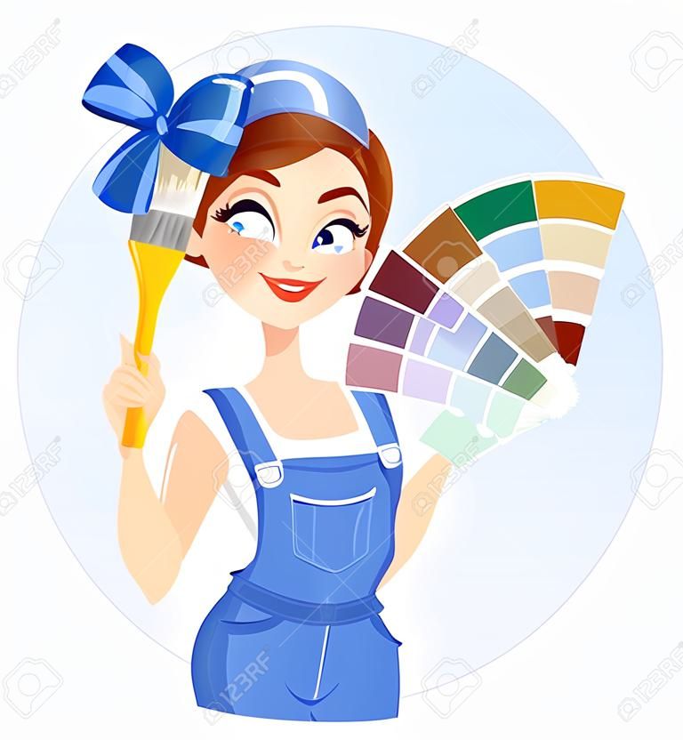 Beautiful girl with paint brush and color swatches. Vector illustration. Woman painter. Lady in overalls. Builder in uniform. Cartoon character.