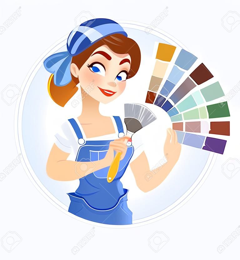 美丽的女孩用画笔和颜色样本矢量插图女画家夫人在工作服制服的卡通人物生成器