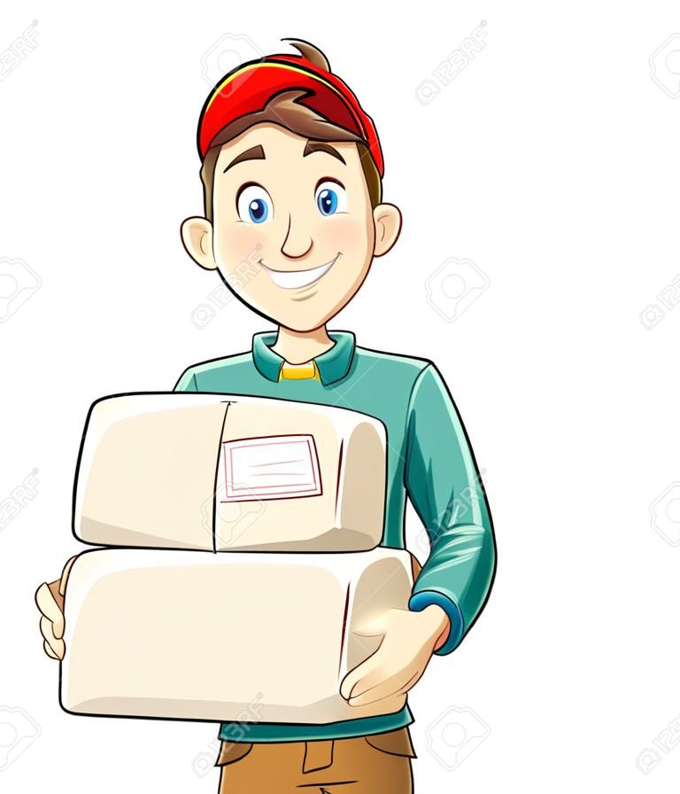 Man with package. Delivery service. Postman with mail. Cartoon character. Isolated white background.